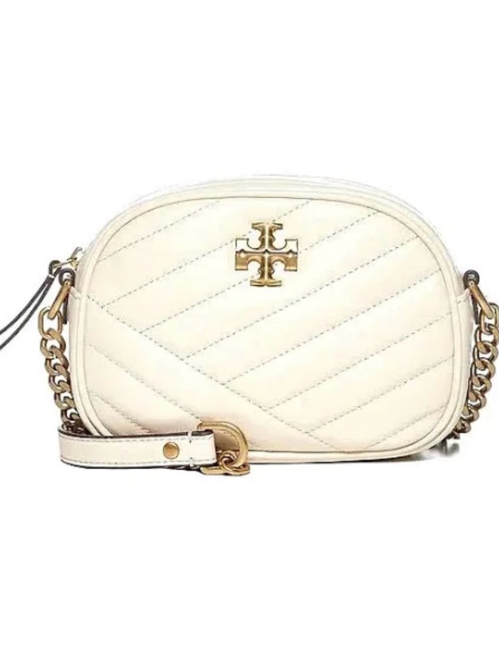 Tory Burch Cream Quilted Oval Crossbody with Gold Chain